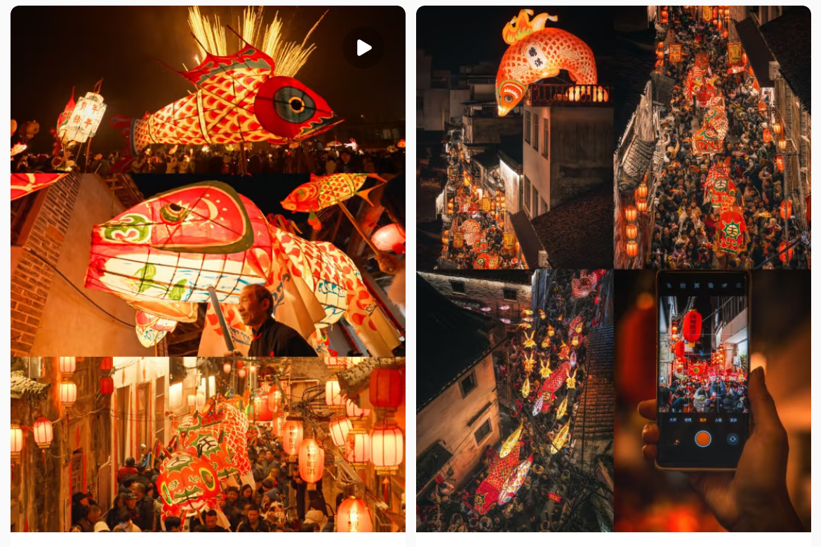 魚燈相關(guān)視頻、圖片獲得數(shù)萬點贊。社交媒體截圖